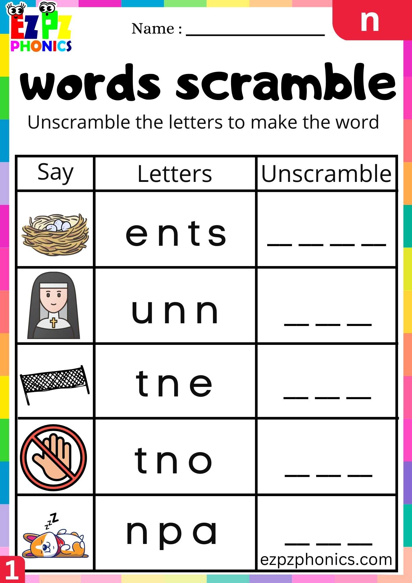Letter N Words Scramble Beginning Sounds Worksheet